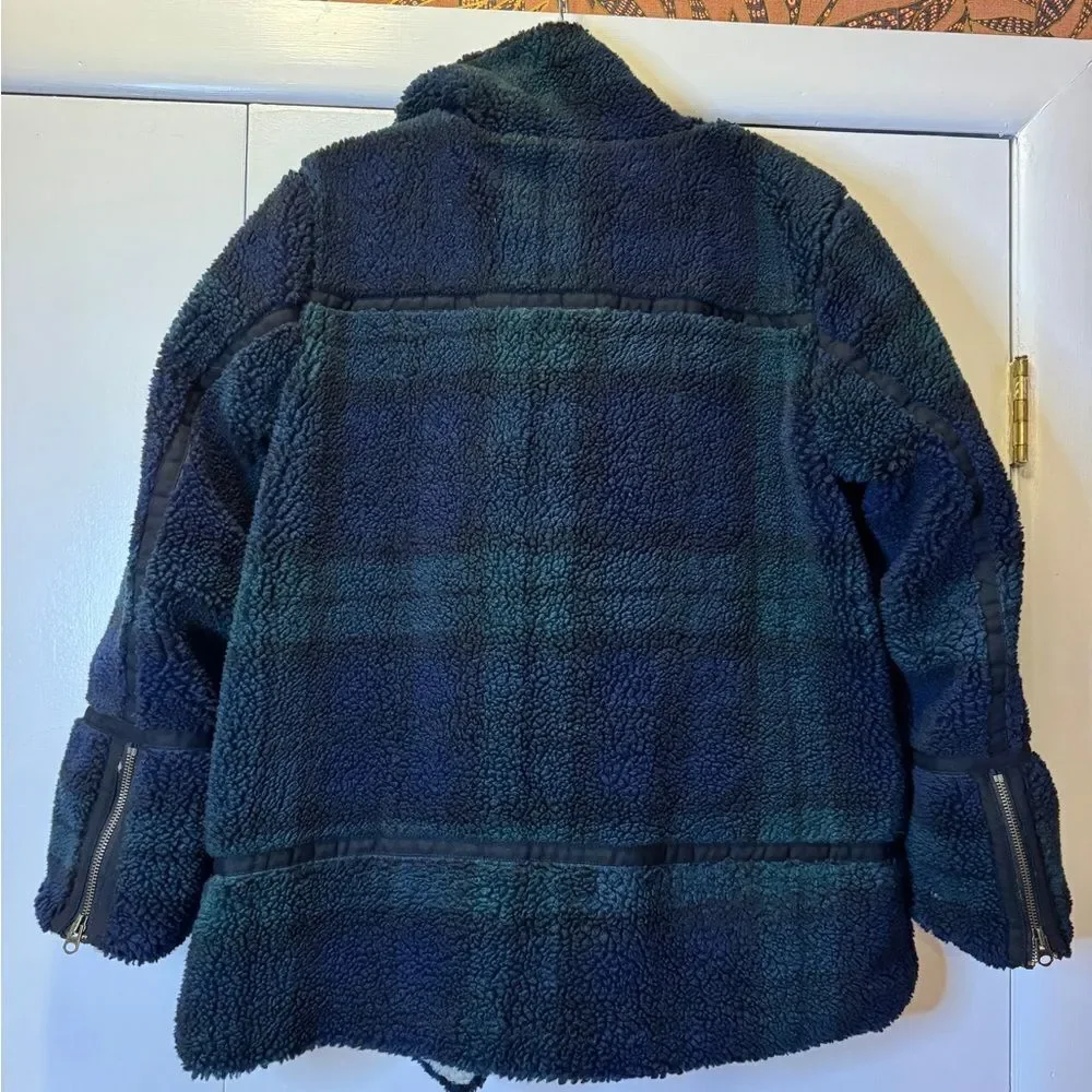 FAHERTY Montana Faux Shearling Plaid Asymmetric Zip Moto Coat Blue Sherpa Medium